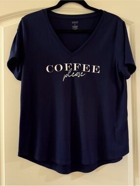 Alfani Navy V-Neck Tee with 'COFFEE please' Script